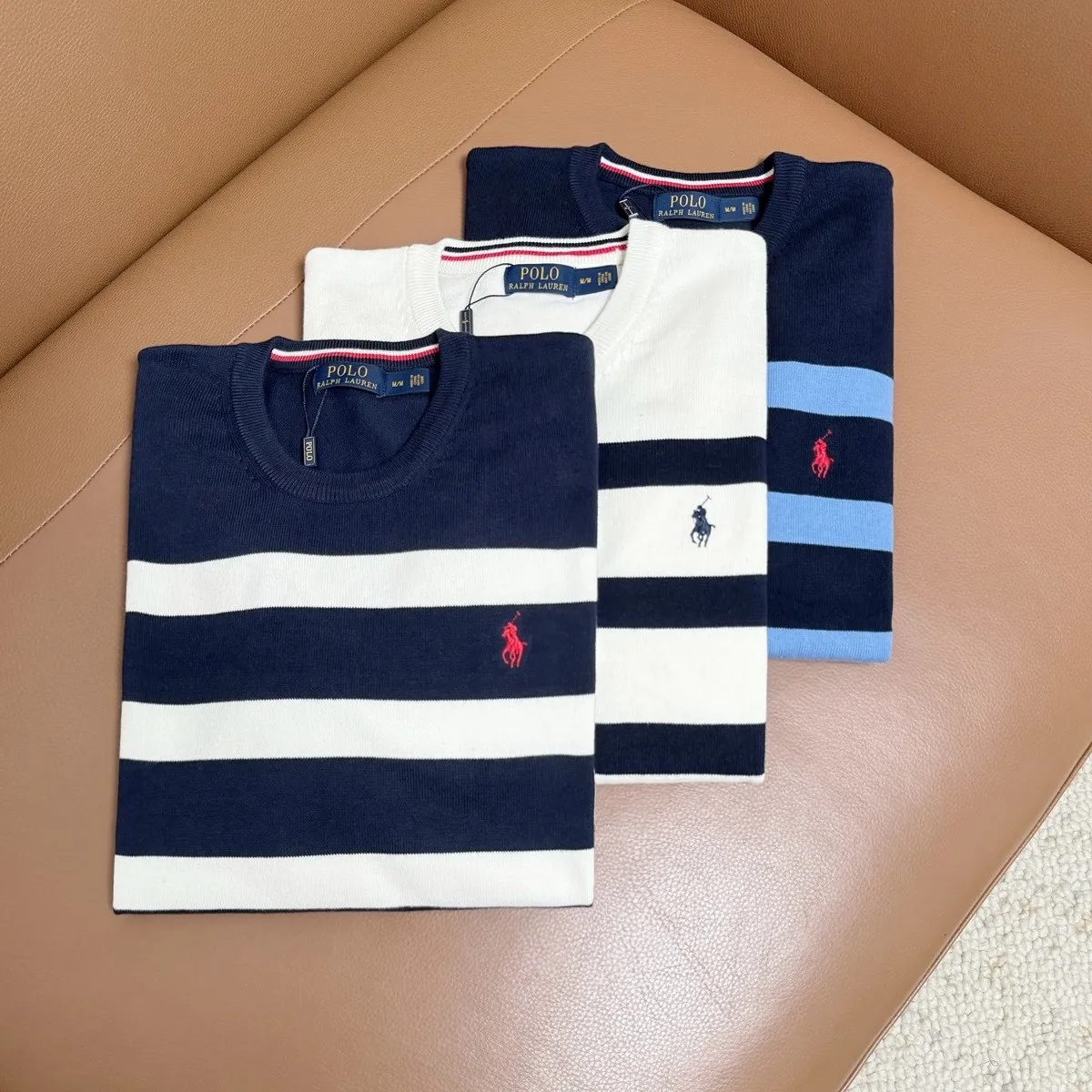 P200 M201#Ralph Lauren pony embroidered striped crew neck sweater Color: royal blue/white stripes, white/royal blue stripes, royal blue/color blue stripes Size: M-XXL